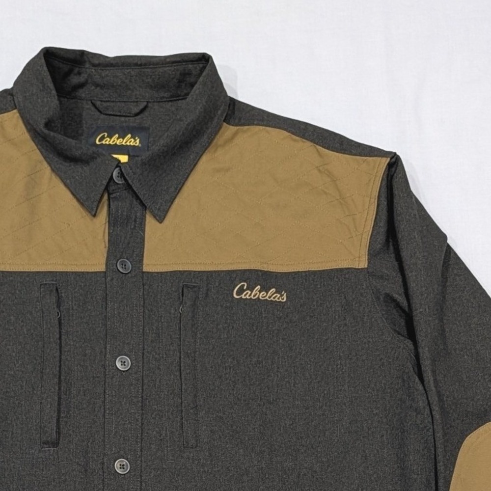 Cabelas Mens 2XL Gray Tan Colorblock Shooting Shirt Long Sleeve Button Down